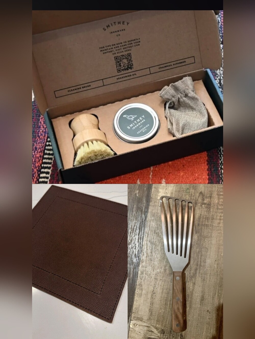 Smithey Ironware Leather Pot Holder, Cast Iron Care Kit, And Slotted Spatula